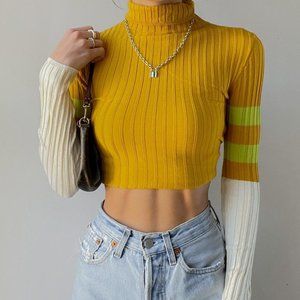 Urban Outfitters Mustard Yellow Color Block Green Stripe Turtleneck XS S